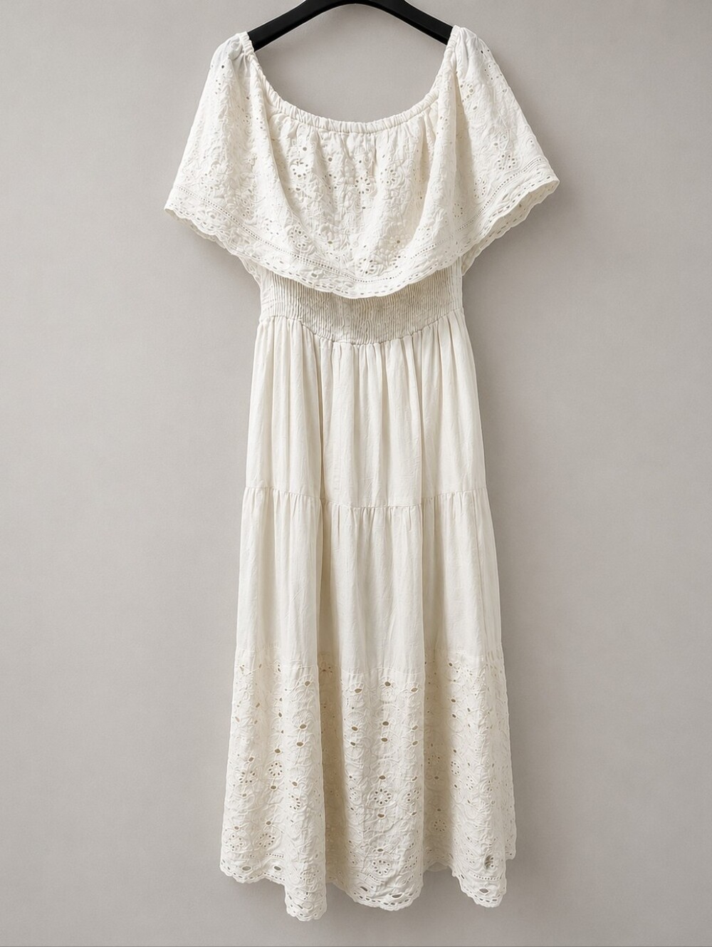 NAOO Romantic Boho Eyelet Maxi Dress Smocked Off Shoulder M - Picture 2 of 13